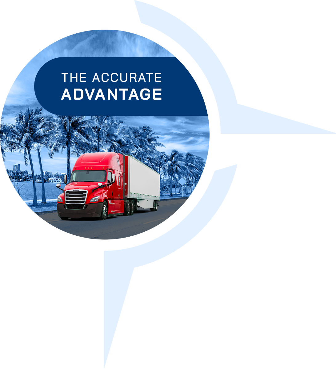 Closeup of red tractor with white trailer driving on a highway in front of palm trees in the USA
