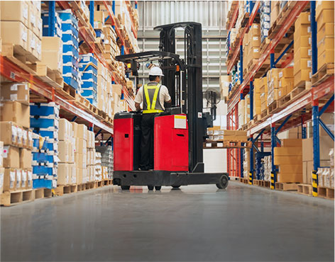 Inside view of USA warehousing facility with packages on racks